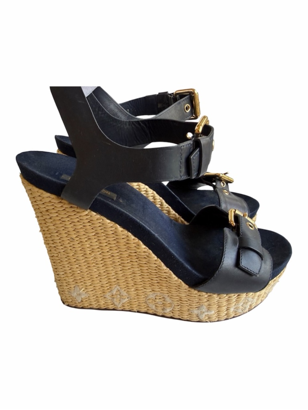 Louis Vuitton Black Leather Sandals with Gold Buckles - Picture 4 of 6